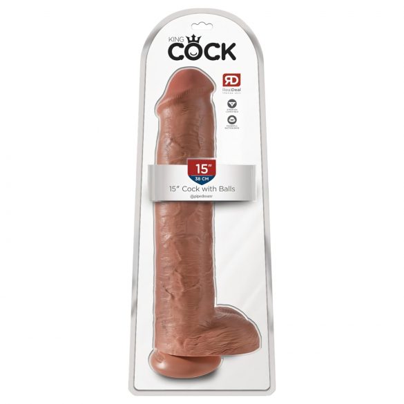 King Cock 15 - dildo géant avec ventouse et testicules (38 cm) - naturel foncé