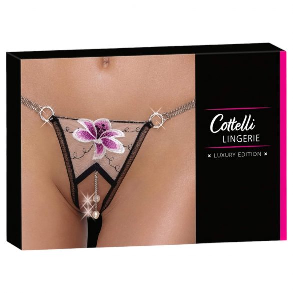 Cottelli - String de luxe brodé de lys (noir et blanc)