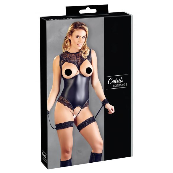 Cottelli Bondage - body ouvert brillant avec menottes (noir) - M